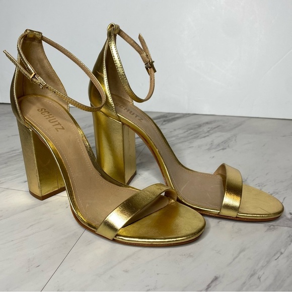 Schutz Gold Leather Ankle Strap Block Heel Sandal 10 1/2 B - Picture 11 of 16